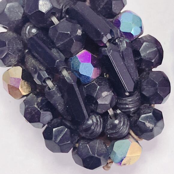 VTG Western German Glass AB Jet Black Cluster Clip On Earrings 1960s Cocktail - Picture 3 of 12